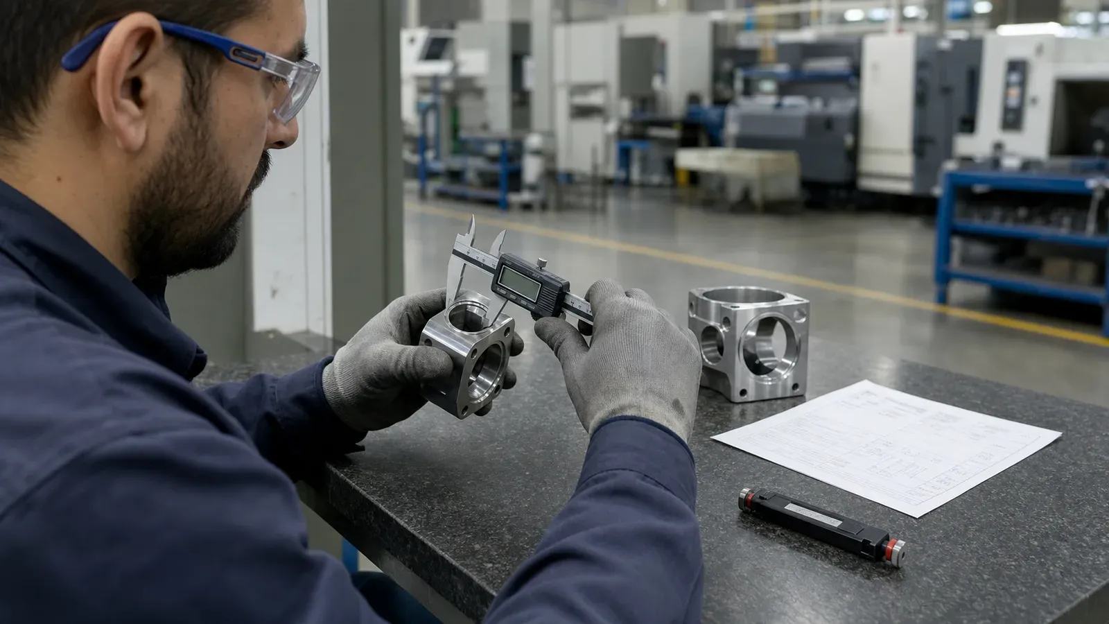 Üretim kalite kontrol alanında metal parçayı dijital kumpasla ölçen kalite teknisyeni