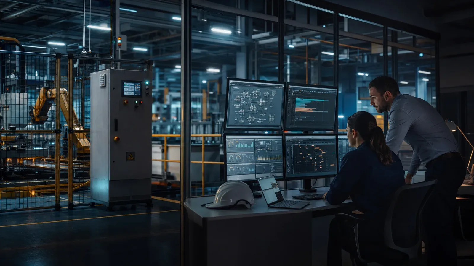 Üretim sahası ile operasyon ve planlama ekranlarını birlikte izleyen fabrika ekibi