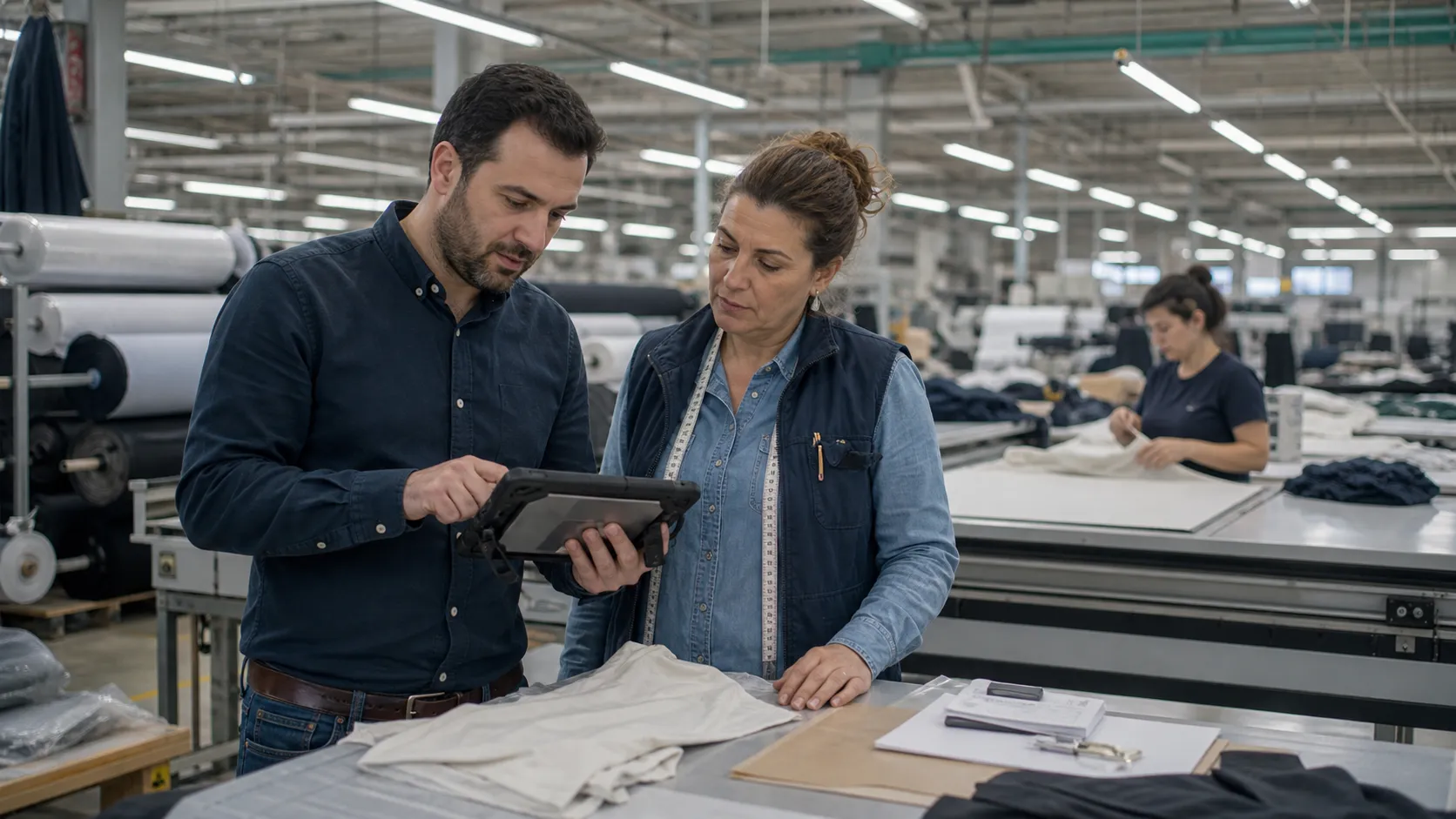 Tekstil üretim tesisinde tablet üzerinden iş emri ile saha gerçekleşmesini karşılaştıran planlamacı ve üretim sorumlusu
