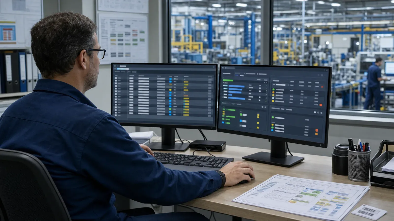 SAP üretim emri ile MES saha gerçekleşmesini iki ekranda karşılaştıran üretim planlama uzmanı